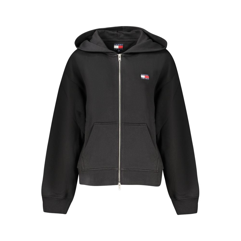 Tommy Hilfiger Black Cotton Women Sweater with hood, zip-up design, and signature logo embroidery, ideal for casual-chic looks.