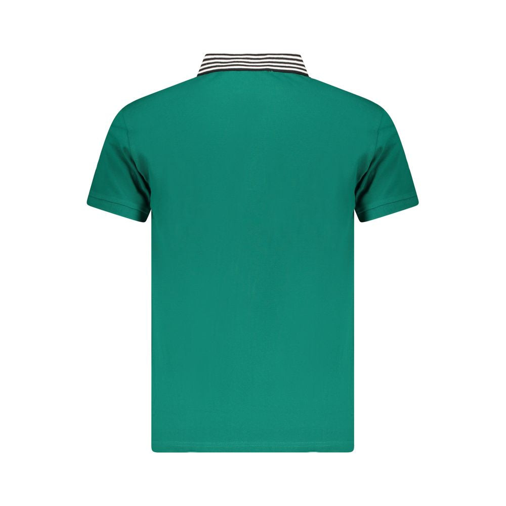Back view of Cavalli Class Green Cotton Men Polo Shirt with striped collar, showcasing elegant design and vibrant green color for stylish appeal.