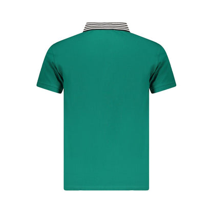 Back view of Cavalli Class Green Cotton Men Polo Shirt with striped collar, showcasing elegant design and vibrant green color for stylish appeal.