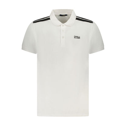 Cavalli Class White Cotton Men Polo Shirt with contrasting details and Cavalli Class logo embroidery on chest.
