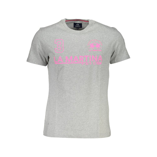 La Martina Brown Cotton Men T-Shirt with classic crew neck and stylish pink logo print, perfect for casual luxury and bold style.