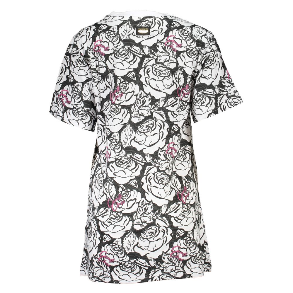 Cavalli Class White Cotton Women Dress with bold floral print and logo, showcasing short sleeves and round neckline for chic elegance.