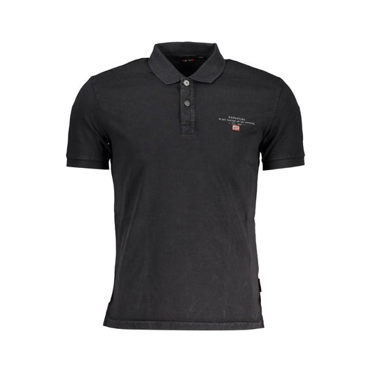 Napapijri Black Cotton Men Polo Shirt with short sleeves, sharp print, and iconic embroidery, featuring a dual-button neckline for sophistication.