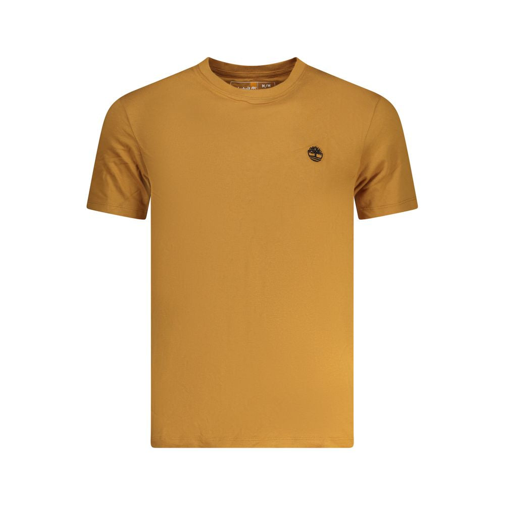 Timberland Brown Cotton Men T-Shirt with short sleeves, crew neck, and iconic logo, showcasing luxury and adventure style for a fashion-forward look.