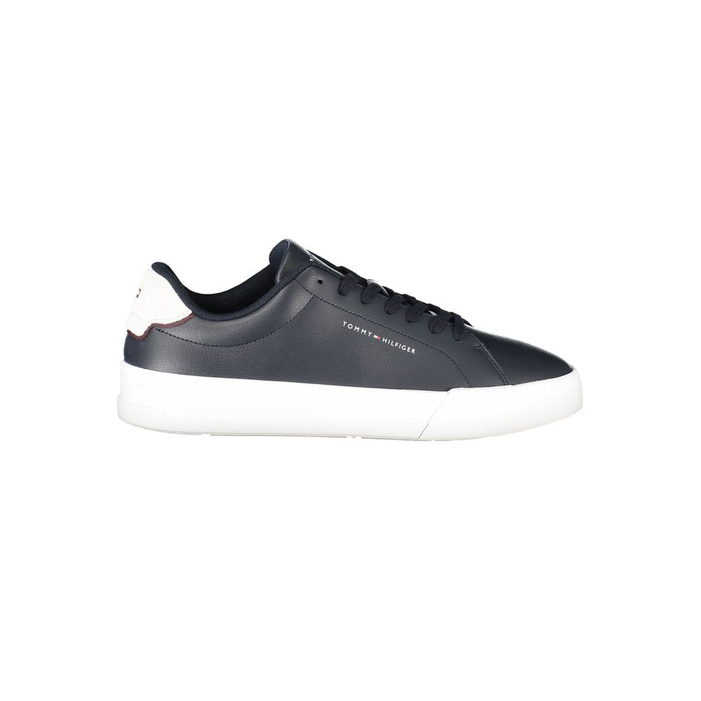 Tommy Hilfiger Blue Leather Men Sneaker with white accents and logo, side view highlighting sporty design and removable insole for comfort.