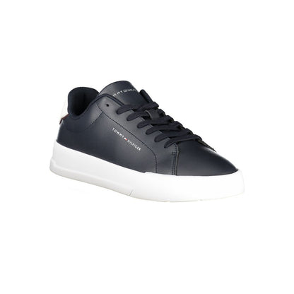 Tommy Hilfiger Blue Leather Men Sneaker with white accents, lace-up design, and iconic logo. Sporty and sophisticated footwear for men.