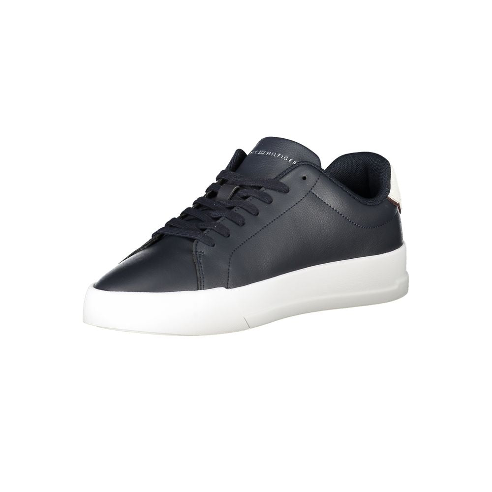 Tommy Hilfiger Blue Leather Men Sneaker with white accents and logo, offering sporty sophistication and customizable comfort.