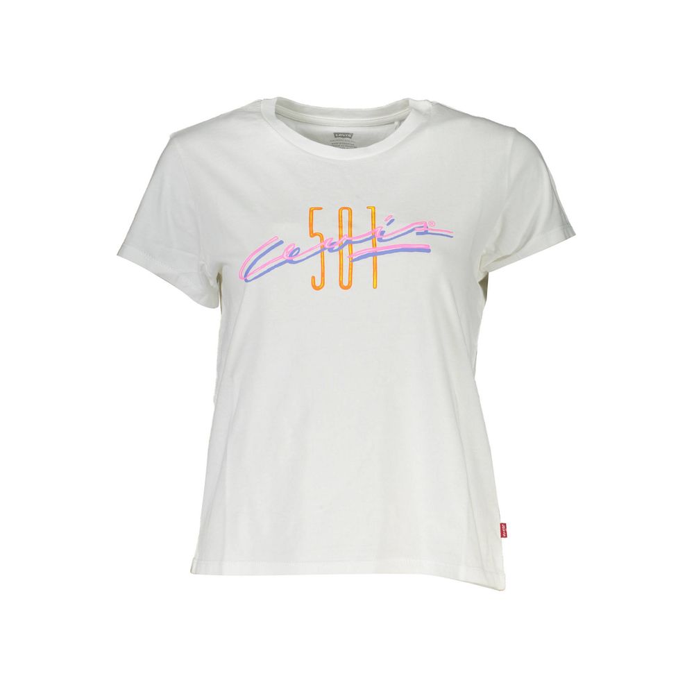 Levi's White Cotton Women T-Shirt with colorful print and logo, short sleeve crew neck for timeless fashion and comfort.