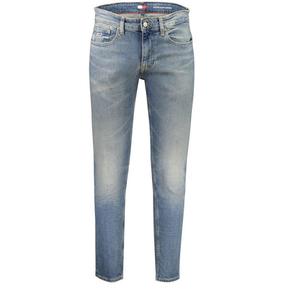 Tommy Hilfiger Blue Cotton Men Jeans featuring a stylish washed effect with embroidered logo, Austin Slim Tapered design, regenerative cotton.