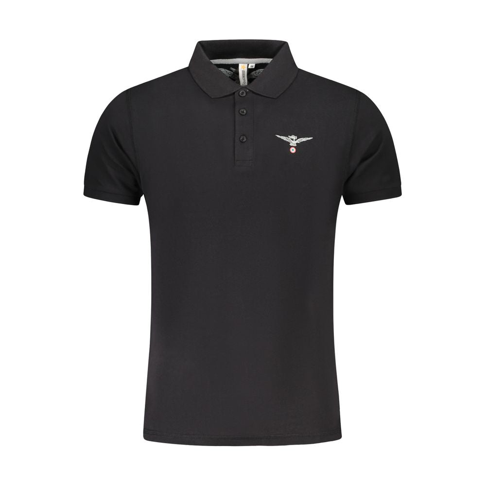 Accademia Militare Black Cotton Polo Shirt with short sleeves, eagle print, logo, and three buttons. Stylish and comfortable design.