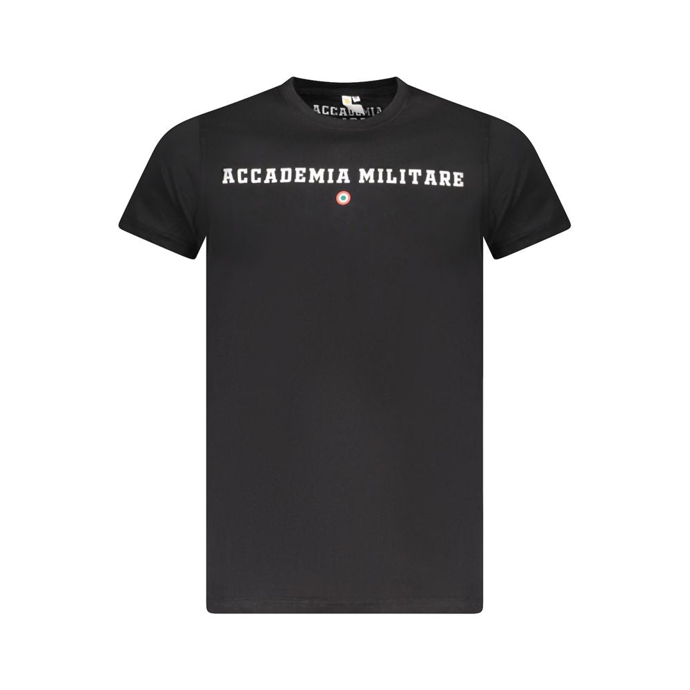 Accademia Militare Black Cotton T-Shirt with logo and crew neck, short sleeves, black color, contrasting print design.