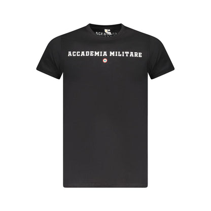 Accademia Militare Black Cotton T-Shirt with logo and crew neck, short sleeves, black color, contrasting print design.
