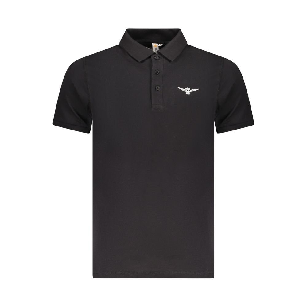 Accademia Militare Black Cotton Polo Shirt with eagle logo, short sleeves, and three buttons.