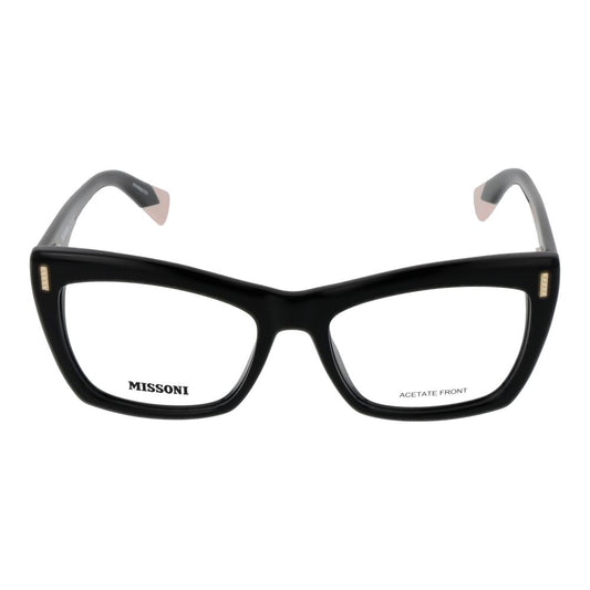 Missoni Black Women Glasses Frame in acetate, full-rim butterfly style with demo plastic lenses, includes branded case.