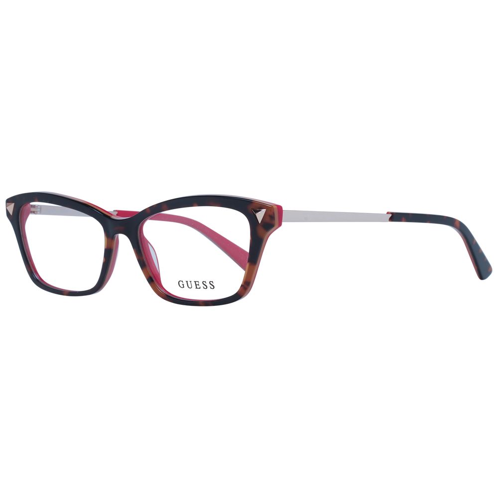 Guess Brown Women Glasses Frame with full-rim rectangular style, metal and plastic material, and demo lenses.