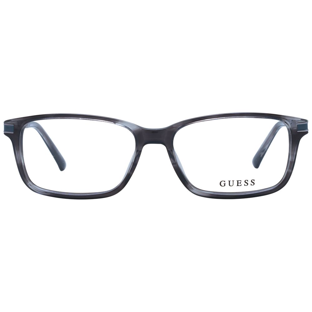 Guess Gray Men Glasses Frame in full-rim rectangle style with grey acetate and metal, spring hinge, branded case included.