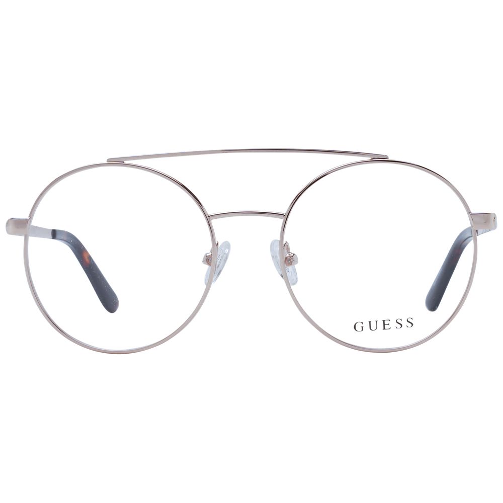 Guess Gold Women Glasses Frame in metal full-rim aviator style, featuring demo lenses and branded case. Size 52-18-135.