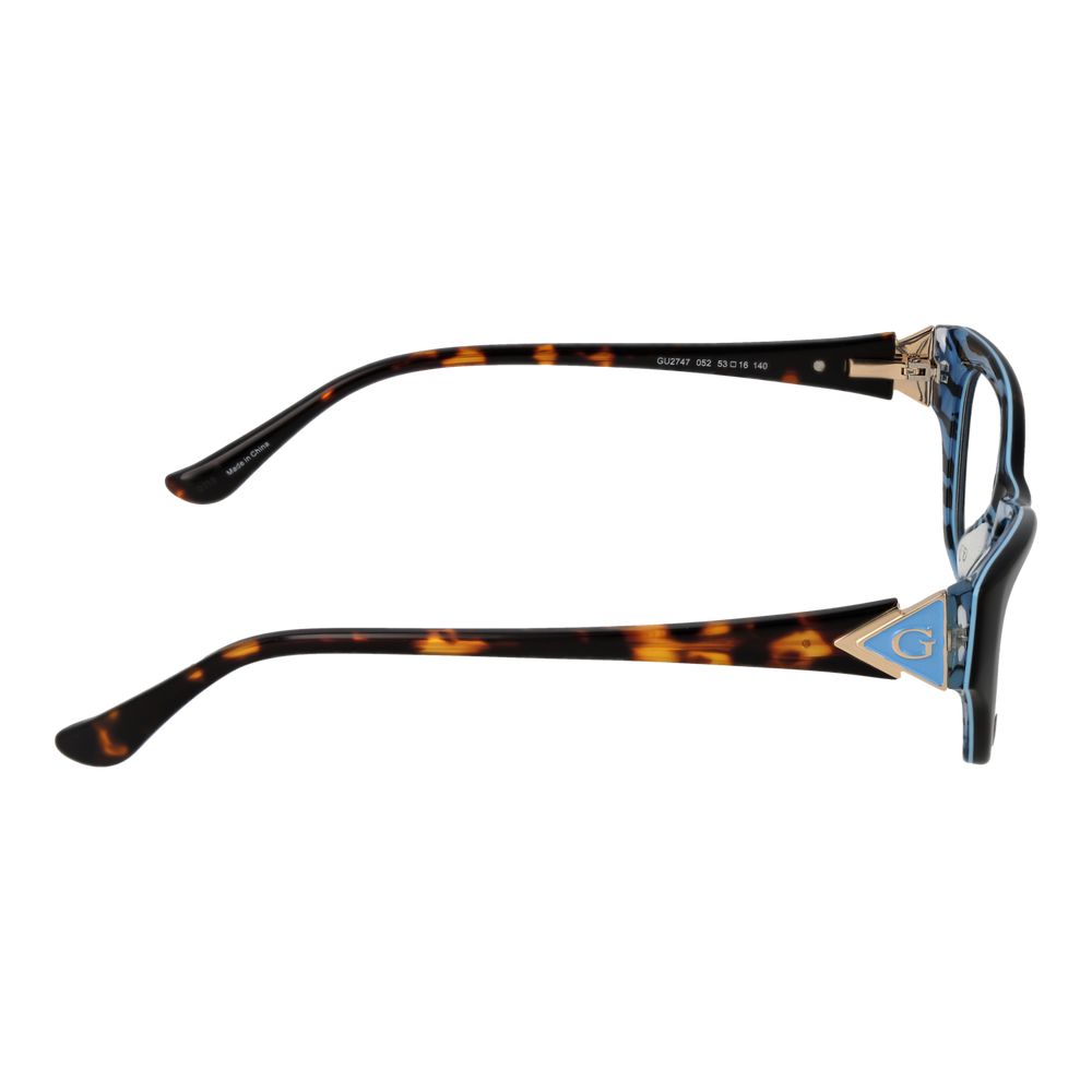Side view of Guess Brown Women Glasses Frame, full-rim cat eye with brown plastic material, showcasing spring hinge and demo lenses.