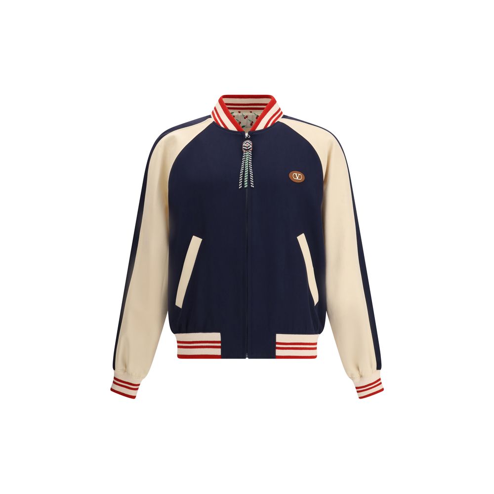 Valentino Multicolor Fleece Wool Bomber with striped collar and VLogo plaque, part of Le Chat De La Maison capsule, featuring raglan sleeves.