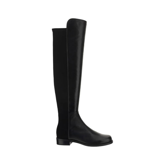 Stuart Weitzman 5050 Boots - Leather over-the-knee design with round toe and elastic detail, black color, elegant and versatile footwear.