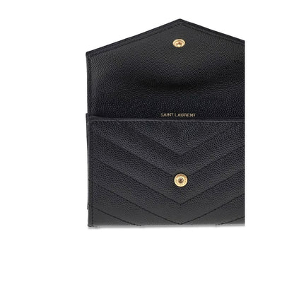 Saint Laurent Black Calf Leather Bos Taurus Wallet with snap-button closure and logo plaque, showing interior card slots.