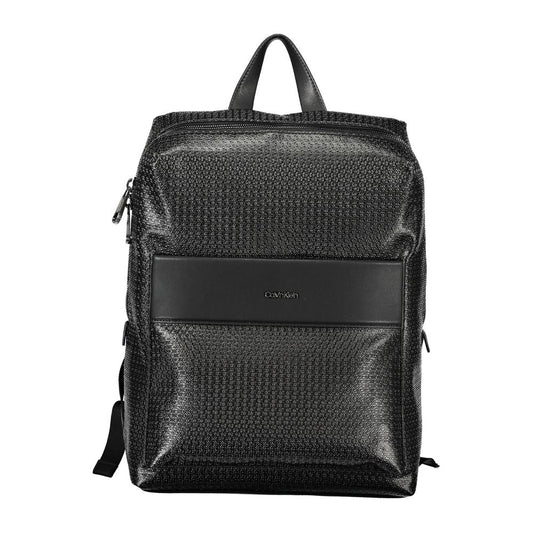Calvin Klein Black Polyester Backpack with adjustable straps, external and internal pockets, laptop compartment, recycled material, logo detail.