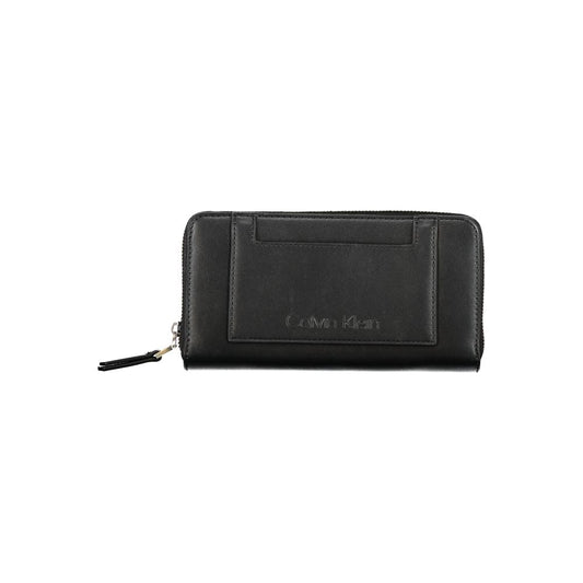 Calvin Klein Black Polyester Wallet with zipper closure, multiple compartments, coin purse, and logo, made from 50% recycled materials.