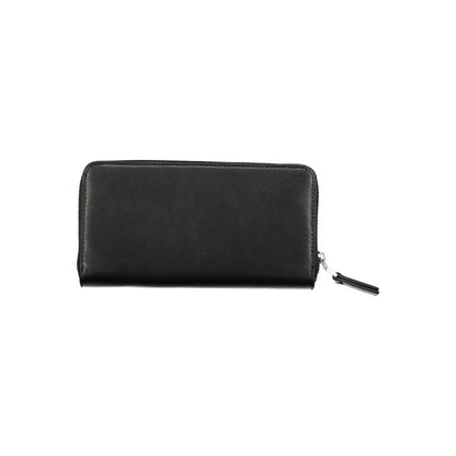 Calvin Klein Black Polyester Wallet with zip closure, 5 compartments, coin purse, card spaces, external pocket, and contrasting details.