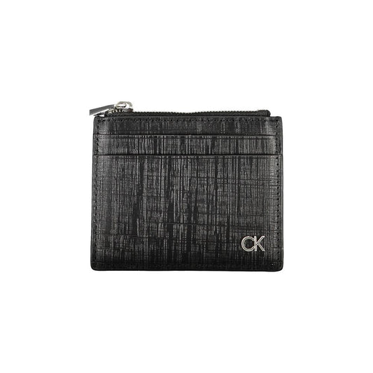 Calvin Klein Black Leather Wallet with card holder, central pocket, zip closure, and logo detailing.