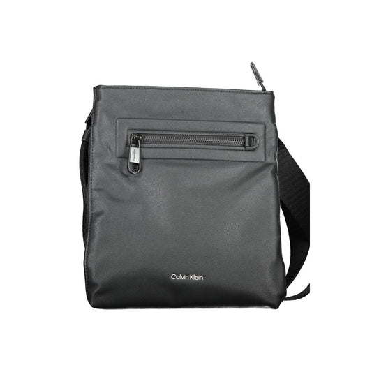 Calvin Klein Black Polyester Shoulder Bag with adjustable strap and logo, featuring external and internal pockets, zip closure, recycled material.
