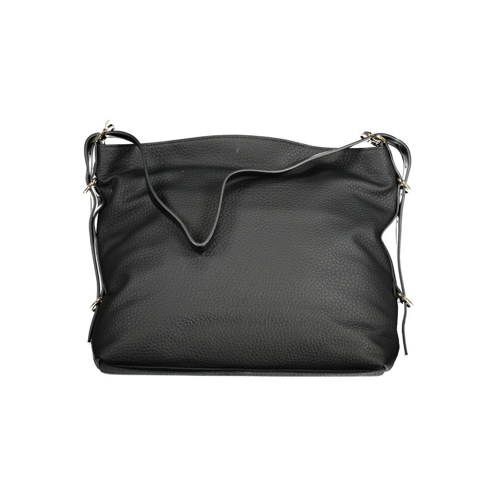 Mario Valentino Black Polyethylene Handbag with shoulder handle, internal pockets, contrasting details, zip closure, and logo.