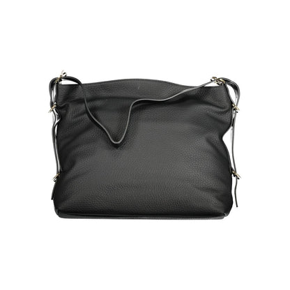 Mario Valentino Black Polyethylene Handbag with shoulder handle, internal pockets, contrasting details, zip closure, and logo.