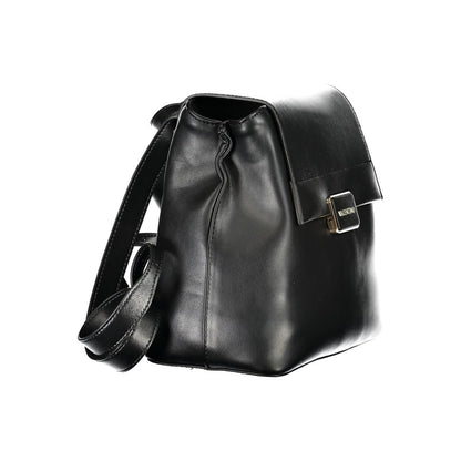 Mario Valentino Black Polyethylene Backpack with adjustable straps, external and internal pockets, and logo, side view.