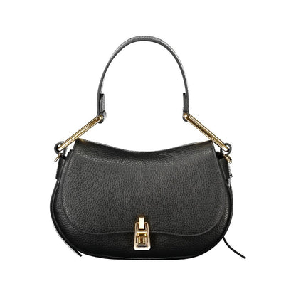 Coccinelle Black Leather Handbag with twist closure, adjustable strap, and internal pocket.