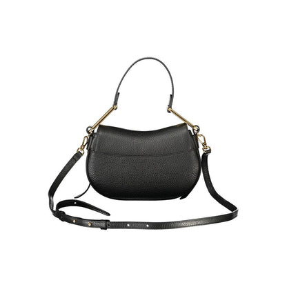 Coccinelle Black Leather Handbag with soft bag, adjustable strap, internal pocket, twist closure, and logo detail.