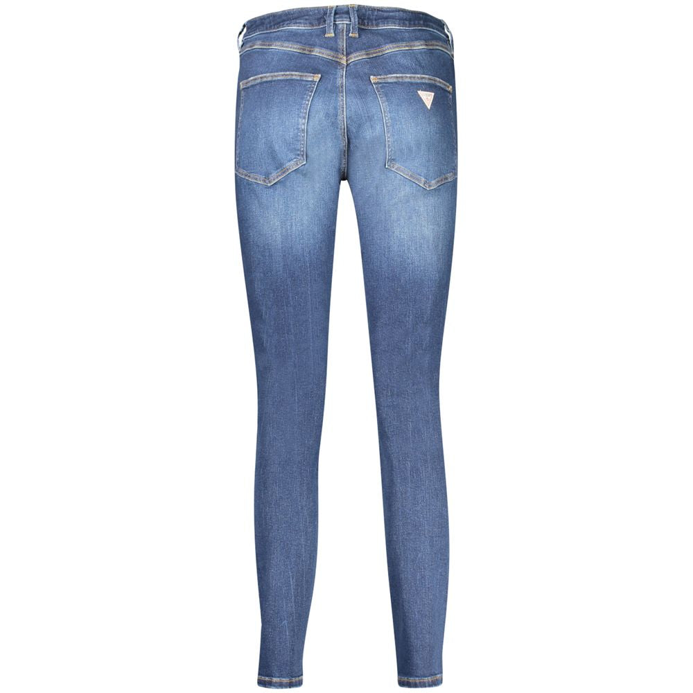 Guess Jeans Blue Cotton Women Jeans with high-rise waist and five-pocket design, featuring iconic logo for sustainable fashion.