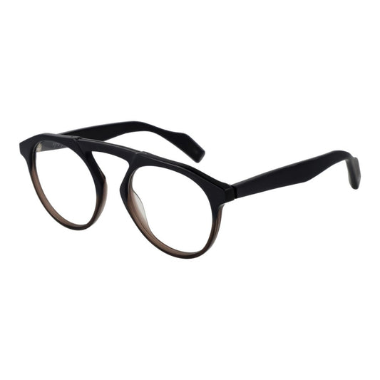 Yohji Yamamoto Black Men Glasses Frame, full-rim aviator style, plastic material, black color, 50-20-145 size, includes branded soft case.