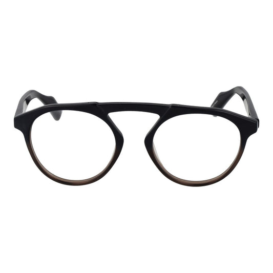 Yohji Yamamoto Black Men Glasses Frame, full-rim plastic aviator style with demo lenses, black color, size 50-20-145, includes soft case.