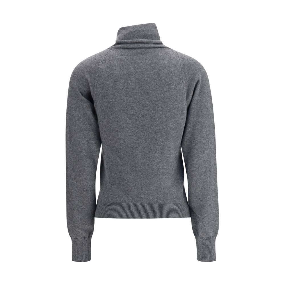 Back view of Tom Ford Gray Cashmere Turtleneck, showcasing high neck and ribbed hem, luxury sweater for sophisticated style, AW25 collection.