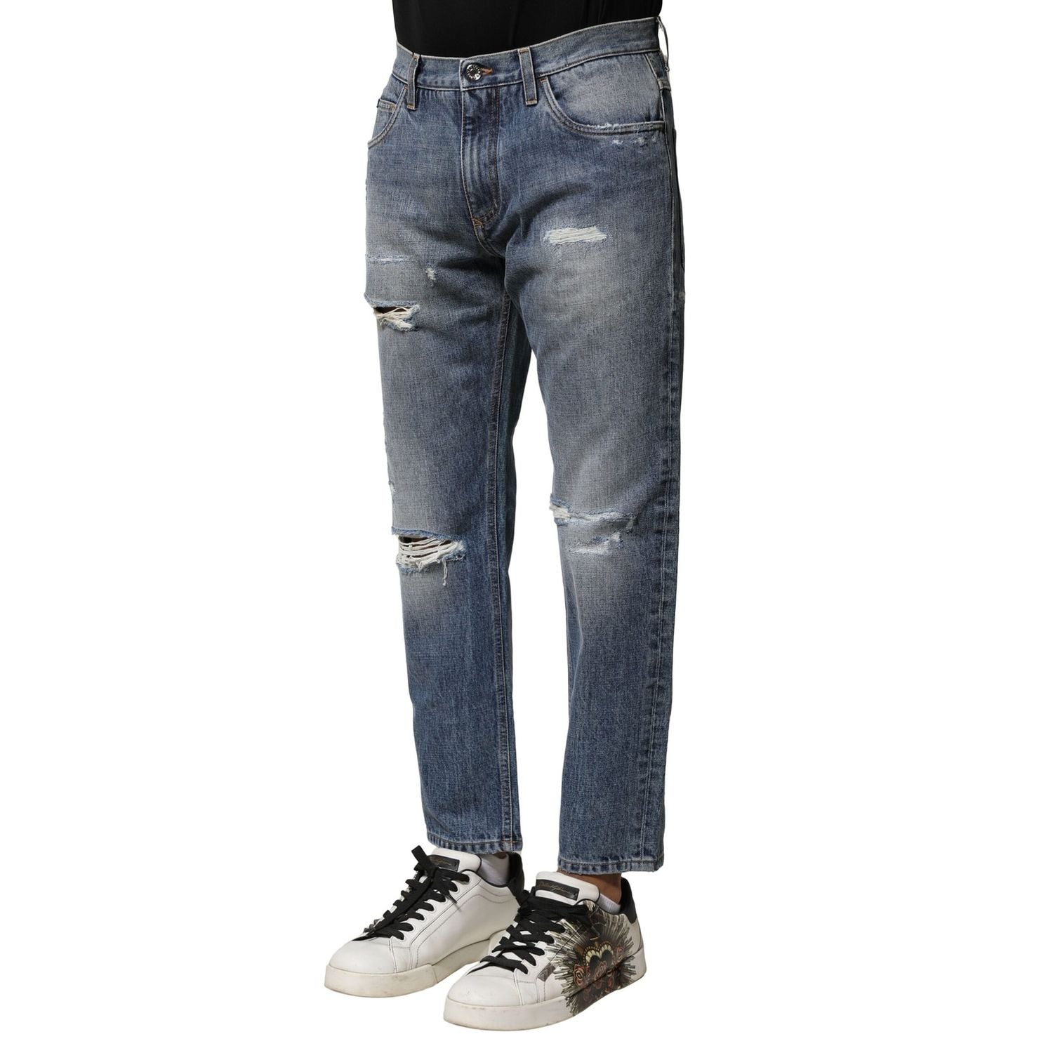 Dolce & Gabbana Blue Washed Tattered Straight Fit Denim Jeans