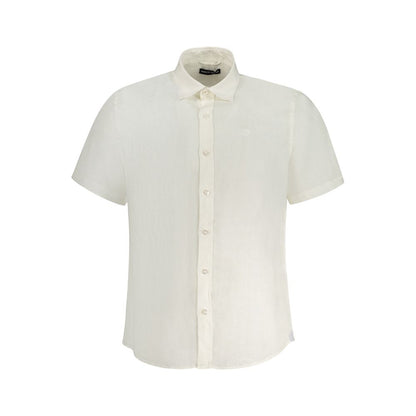 North Sails White Linen Shirt with short sleeves, Italian collar, buttons, and logo embroidery, ocean positive design.