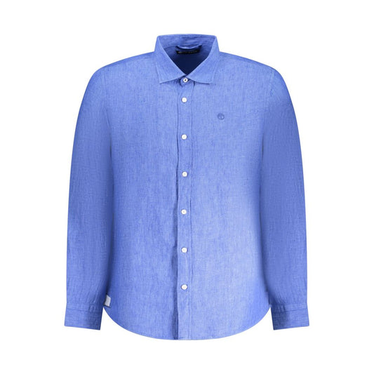 North Sails Blue Linen Shirt with Italian collar, long sleeves, and button cuffs, featuring Ocean Positive logo embroidery.