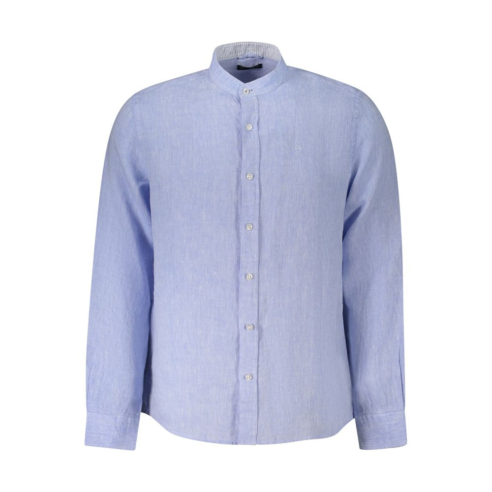 North Sails Blue Linen Shirt with Korean collar, long sleeves, one-button cuffs, and logo embroidery. Ocean positive design.