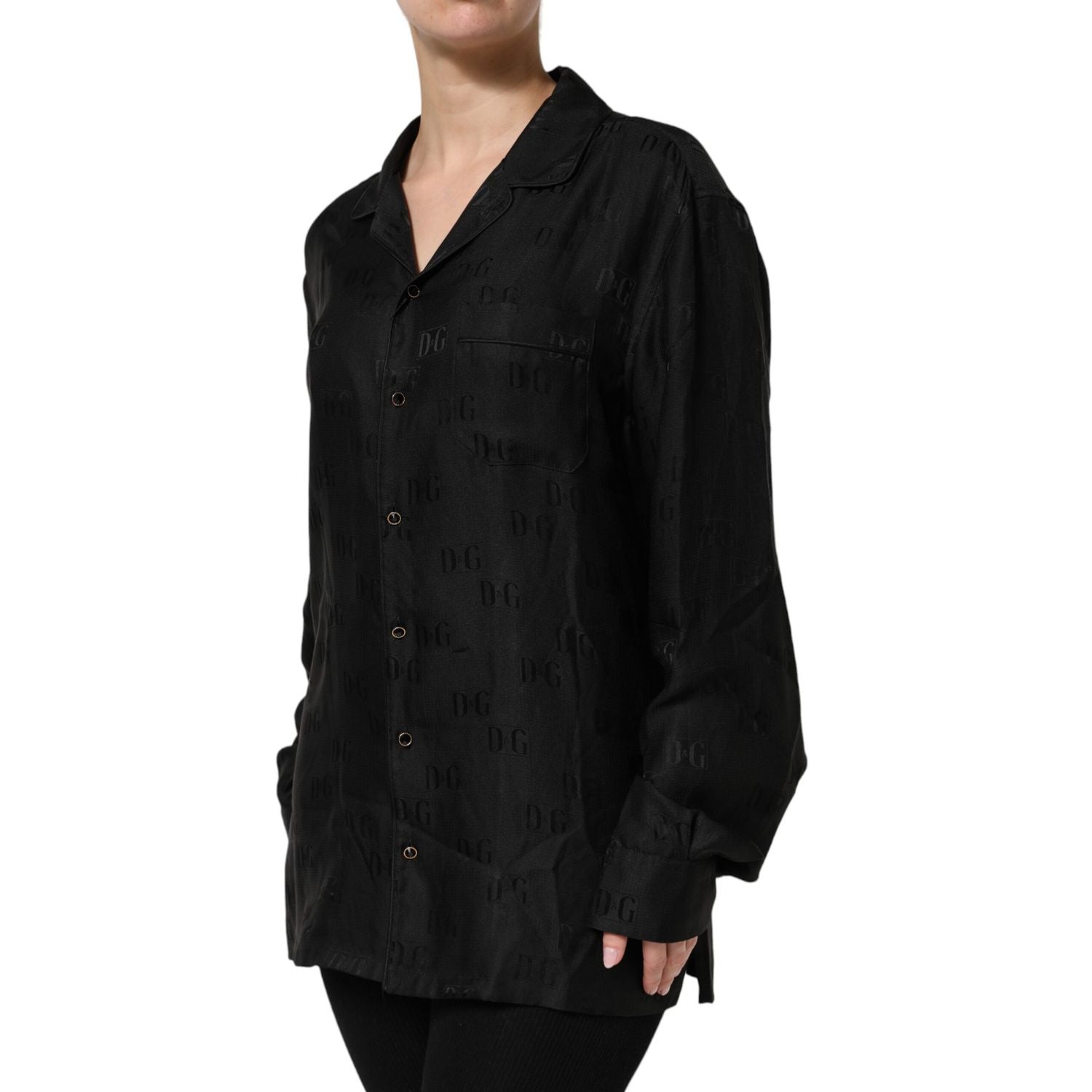 Dolce & Gabbana Black Silk DG Embroidery Long Sleeves Top