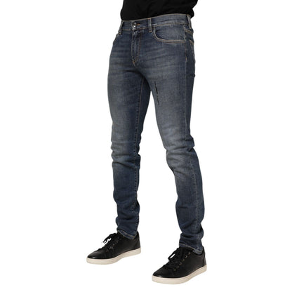 Dolce & Gabbana Blue Washed Skinny Logo Plaque Men Denim Jeans