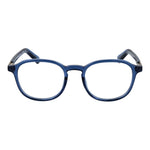 Guess Blue Unisex Glasses Frame with round full-rim style in blue plastic and metal, perfect for any gender. Includes branded case.