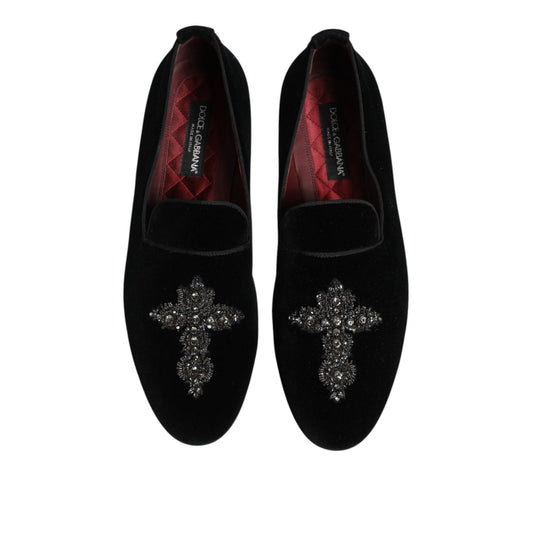 Dolce & Gabbana Black Velvet Crystal Crown Formal Dress Shoes