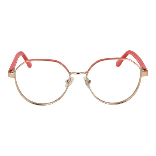 Guess Gold Women Glasses Frame, round full-rim metal design with gold frame and demo plastic lenses, includes branded case.
