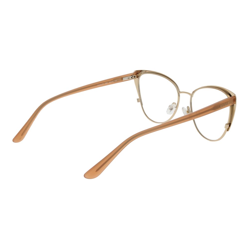Guess Gold Women Glasses Frame in metal full-rim cat eye style with demo lenses, showing gold temples and spring hinge. Size 53-16-145.