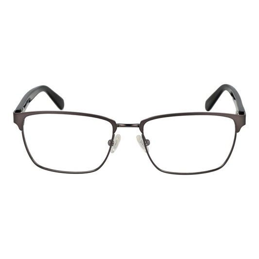 Guess Gray Men Glasses Frame in gunmetal full-rim rectangle style with demo plastic lenses, 55-17-145 size, includes branded case.